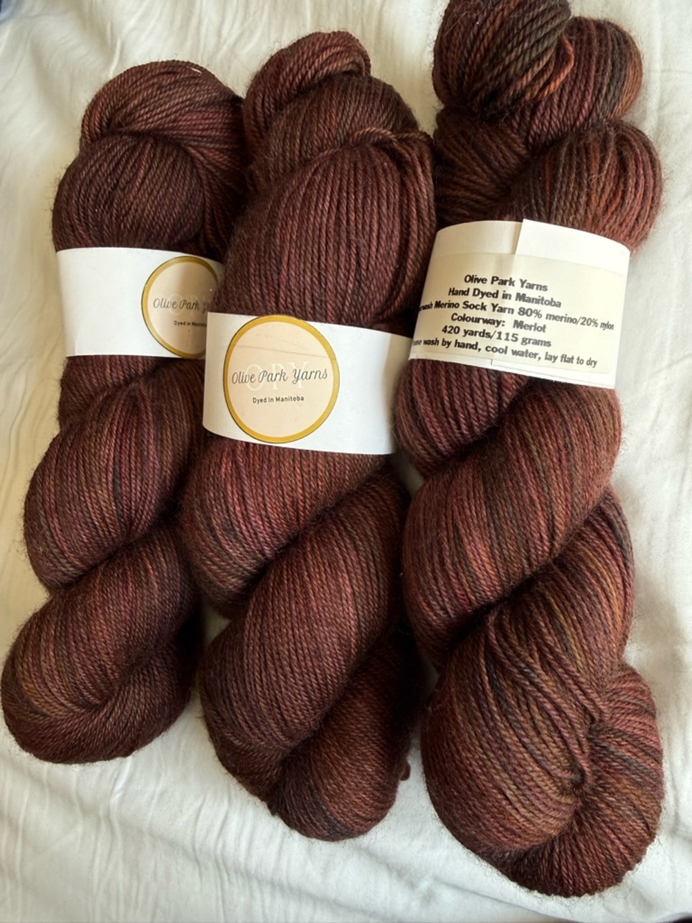 Olive Park Yarns Hand-Dyed Merlot Wool Skeins